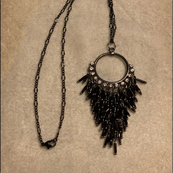 Gun Metal Crystal Black Tassel Pendant & Necklace - Picture 1 of 12